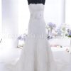 Fit-and-Flare Scalloped Strapless Flower Adorned Ruched Belt Allover Lace Tiered Hem Chapel Train Lace over Satin Wedding Dresses