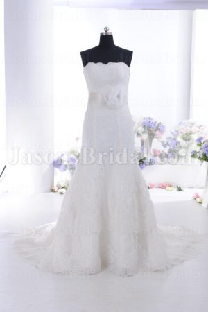 Fit-and-Flare Scalloped Strapless Flower Adorned Ruched Belt Allover Lace Tiered Hem Chapel Train Lace over Satin Wedding Dresses