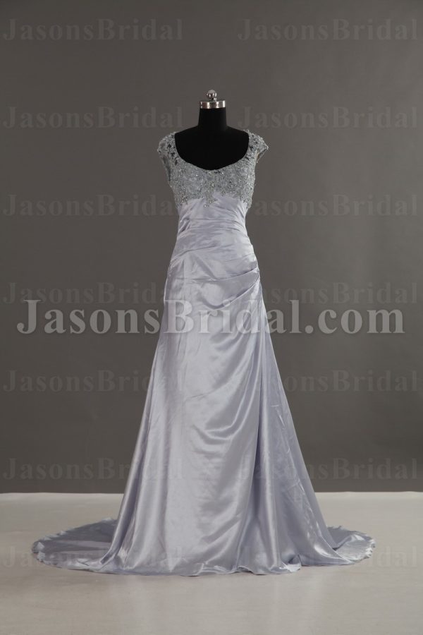 Slim-line Queen Anne Neckline Beaded Lace Asymmetrical Pleated Backless Side Draped Sweep Train Satin Wedding Dresses