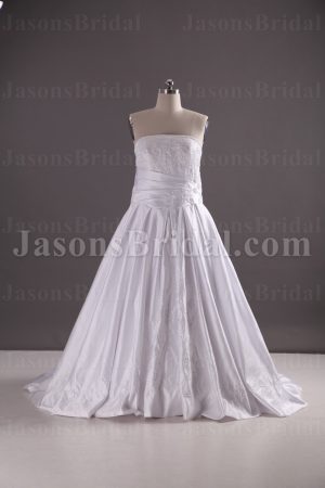 Ball Gown Strapless Beaded Embroidered Asymmetrical Ruched Pleated Chapel Train Satin Wedding Dresses