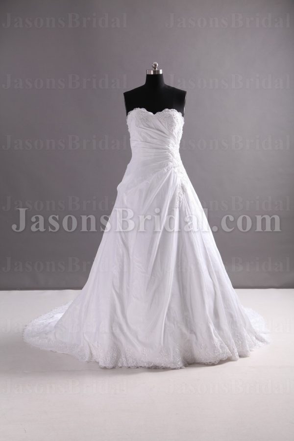 A-line Scalloped Sweetheart Beaded Appliques Asymmetrical Ruched Chapel Train Organza over Satin Wedding Dresses