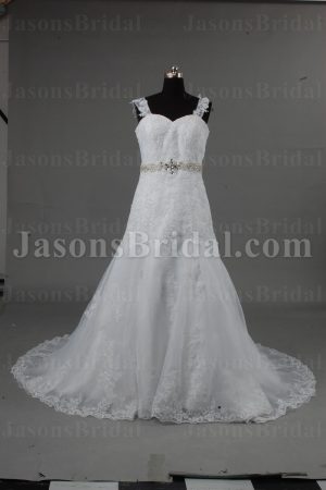 Fit-and-Flare Cap Sleeves Sweetheart Appliqued Jeweled Waistline Chapel Train Lace over Satin Wedding Dresses