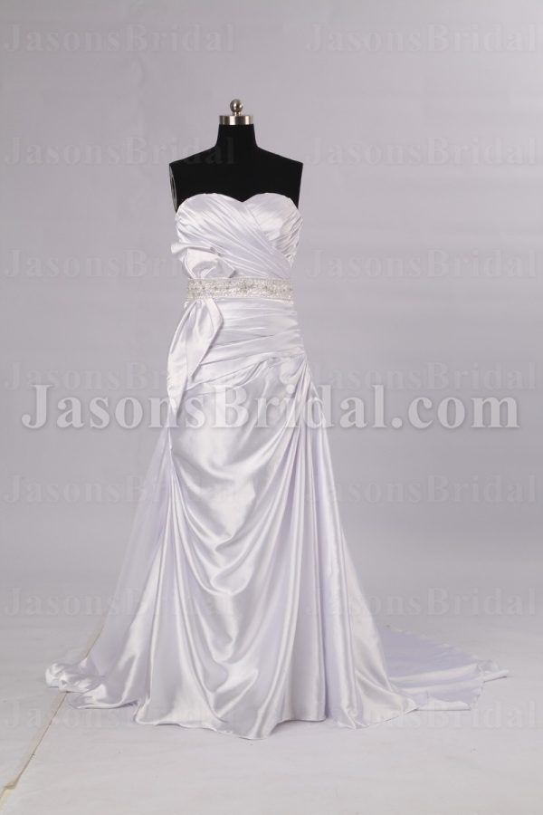 Fit-and-Flare Sweetheart Ruched Asymmetrical Pleated Beaded Waist Side Draped Sweep Train Satin Wedding Dresses