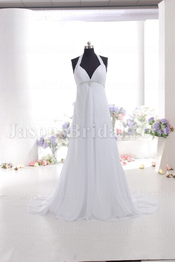 Empire A-line Halter V-neck Ruched Bodice Jeweled Backless Sweep Train Chiffon Wedding Dresses