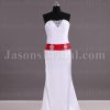 Fit-and-Flare Strapless Illusion V-neck Ruched Bodice Pleated Beaded Ribbon Sweep Train Satin Wedding Dresses