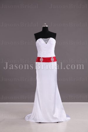 Fit-and-Flare Strapless Illusion V-neck Ruched Bodice Pleated Beaded Ribbon Sweep Train Satin Wedding Dresses