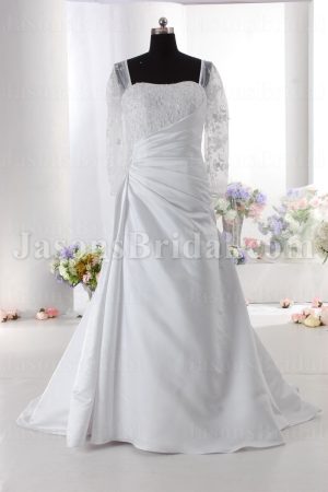 Fit-and-Flare Illusion Long Sleeves Beaded Embroidered Asymmetrical Pleated Sweep Train Satin Wedding Dresses