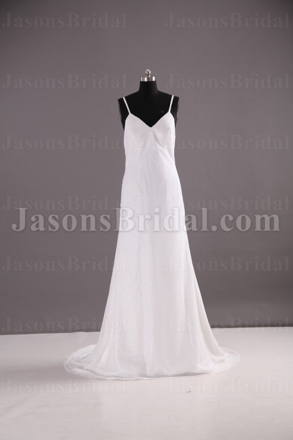 Empire Slim A-line Spaghetti Straps V-neck Sweep Train Allover Sequined Chiffon Wedding Dresses