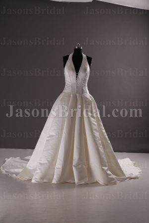 Elegant Ball Gown Halter Deep V-neck Beaded Pleated Chapel Train Satin Wedding Dresses