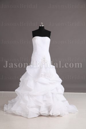 Stunning Trumpet Strapless Beaded Asymmetrical Ruched Jeweled Tiered Ruffles Chapel Train Organza Wedding Dresses