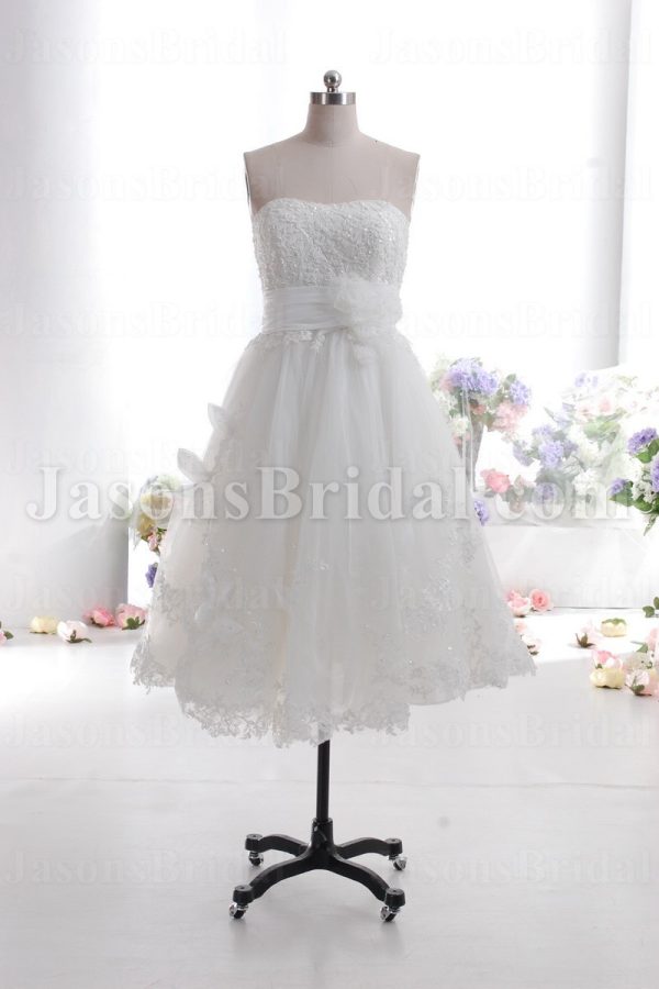 Short Tea-length A-line Strapless Beaded Appliques Ruched Floral Belt Bowknot Tulle Lace Wedding Dresses