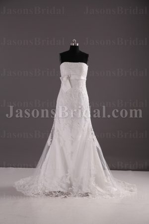 Fit-and-Flare Strapless Beaded Allover Appliques Jeweled Ribbon Sweep Train Lace over Satin Wedding Dresses