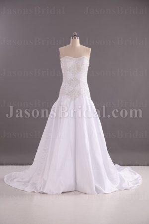 Trumpet Sweetheart Beaded Dropped Corset Pleated Chapel Train Satin Wedding Dresses