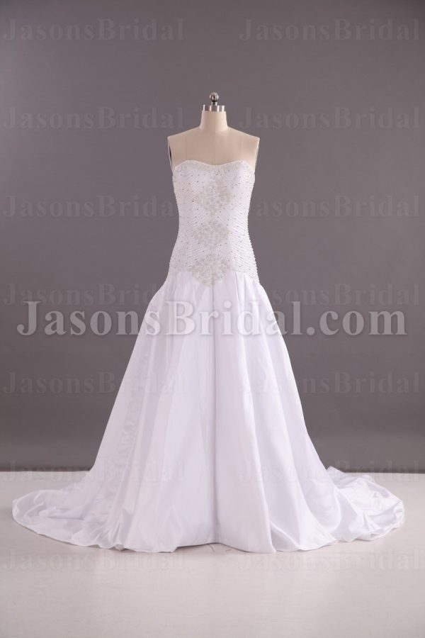 Trumpet Sweetheart Beaded Dropped Corset Pleated Chapel Train Satin Wedding Dresses