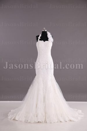 Trumpet Floral Halter Sweetheart Allover Beaded Chapel Train Tulle Lace Wedding Dresses