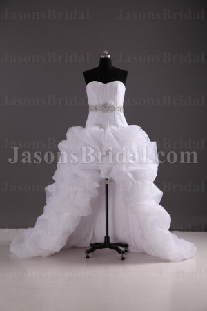 Dream-like Ball Gown Sweetheart Ruched Jeweled Belt Open Front Billowing Bubbled Chapel Train Organza Wedding Dresses