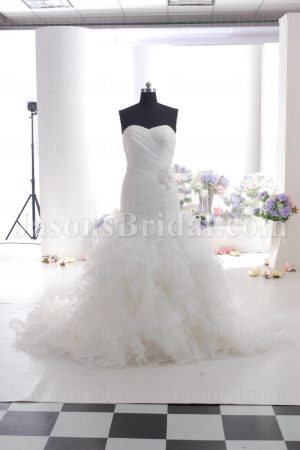 Ball Gown Sweetheart Ruched Bodice Asymmetrical Pleated Jeweled Ruffled Chapel Train Organza over Satin Wedding Dresses