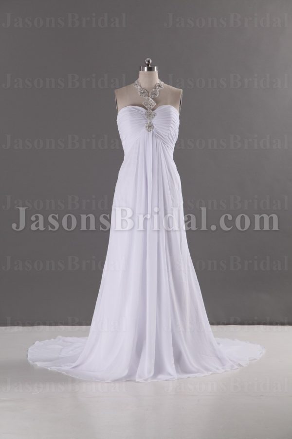 Empire Jeweled Halter Sweetheart Ruched Bodice Pleated Sweep Train Chiffon Wedding Dresses