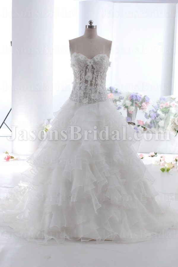 Ball Gown Sweetheart Adorned Flowers Beaded Embroidered Illusion Waist Tiered Layers Chapel Train Organza Wedding Dresses