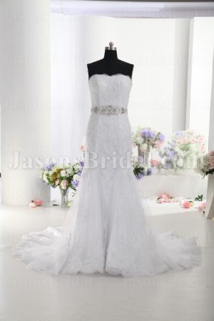 Trumpet Scalloped Sweetheart Beaded Appliques Jeweled Belt Chapel Train Lace over Satin Wedding Dresses