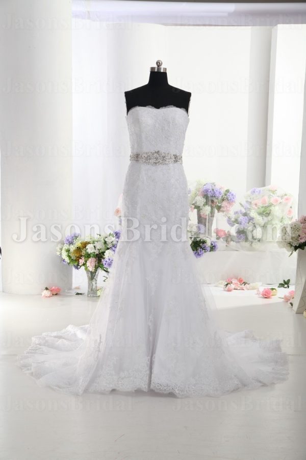 Trumpet Scalloped Sweetheart Beaded Appliques Jeweled Belt Chapel Train Lace over Satin Wedding Dresses