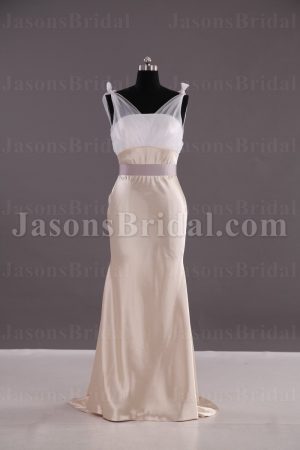 Two-tone Mermaid Illusion Straps Sleeveless Ruched Belt Low Back Sweep Train Satin Wedding Dresses