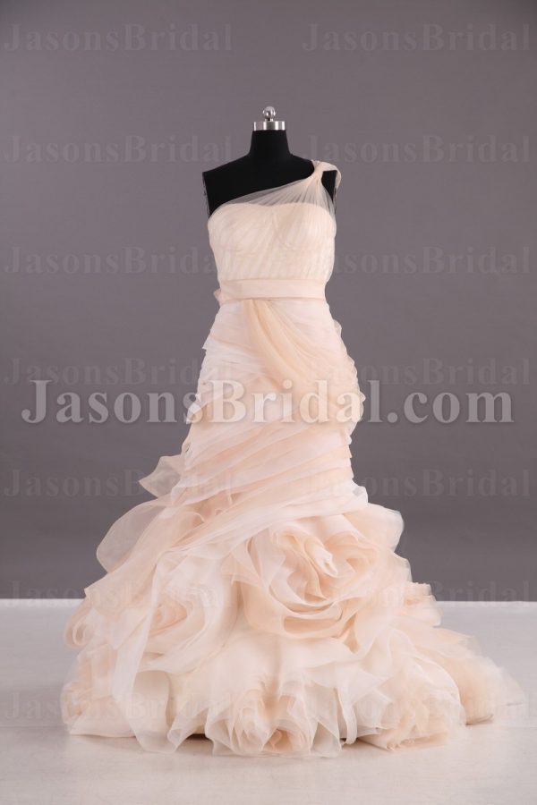 Ball Gown Illusion One-shoulder Ruched Belt Asymmetrical Layers Swirls Chapel Train Organza Wedding Dresses