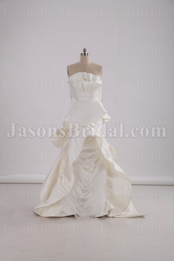 Dramatic A-line Frilled Strapless Pleated Bodice Belt Sweep Train Layered Organza Satin Wedding Dresses