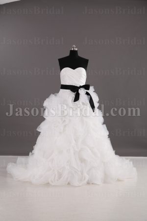 Ball Gown Sweetheart Ruched Bodice Belt Ruffled Swirls Chapel Train Organza Wedding Dresses