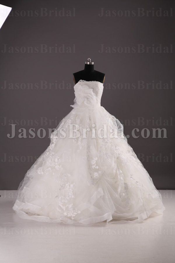 Dramatic Ball Gown Strapless Adorned Flower Floor Length Tulle Lace Wedding Dresses