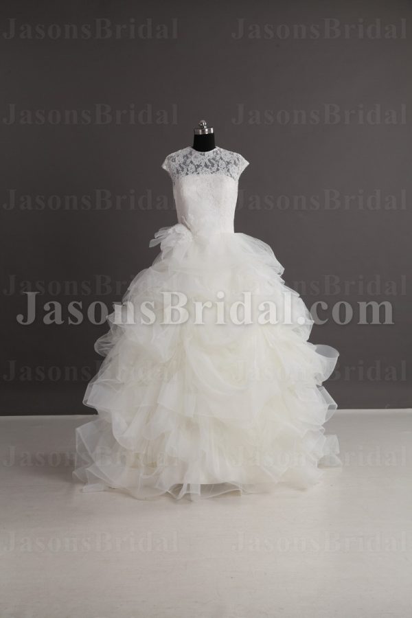 Ball Gown Sleeveless Illusion Lace Bateau Neckline Ruffles Floor Length Tulle Wedding Dresses