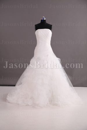 Fit-and-Flare Strapless Ruched Asymmetrical Pleated Ruffled Chapel Train Tulle Wedding Dresses