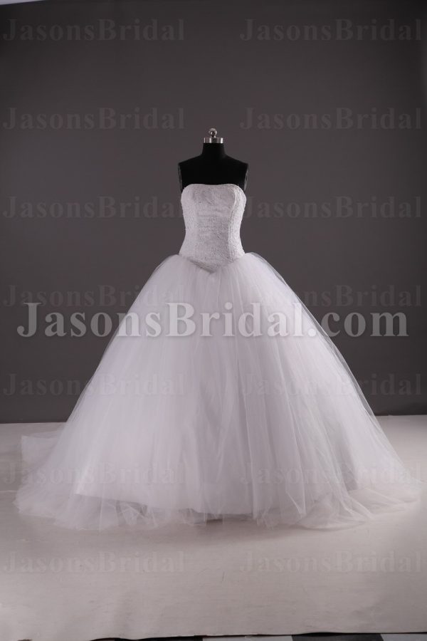 Ball Gown Strapless Beaded Allover Lace Bodice Basque Waist Chapel Train Tulle Wedding Dresses