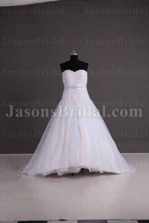 A-line Sweetheart Beaded Appliques Jeweled Ribbon Dropped Sweep Train Organza over Satin Wedding Dresses