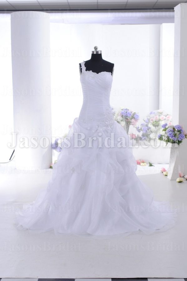 A-line One-shoulder Beaded Appliques Sweetheart Ruched Asymmetrical Pleated Pick-up Chapel Train Organza Wedding Dresses