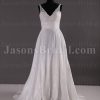 A-line Sleeveless Deep V-neck Beaded Appliques Ruched Belt Sweep Train Pleated Satin Wedding Dresses