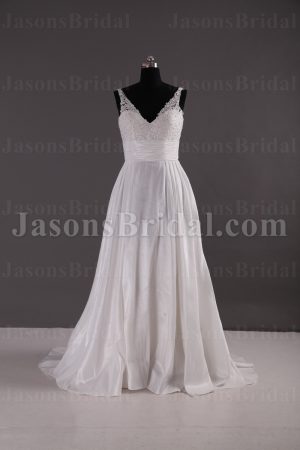 A-line Sleeveless Deep V-neck Beaded Appliques Ruched Belt Sweep Train Pleated Satin Wedding Dresses