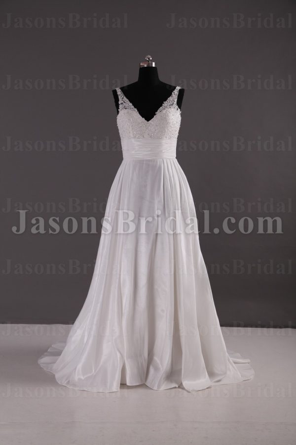 A-line Sleeveless Deep V-neck Beaded Appliques Ruched Belt Sweep Train Pleated Satin Wedding Dresses