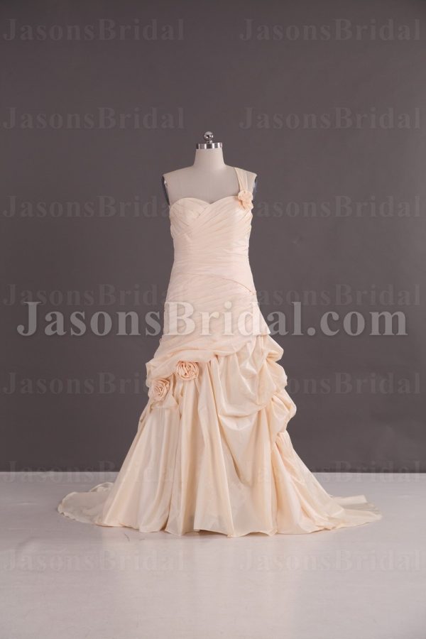 Fit-and-Flare One-shoulder Sweetheart Ruched Asymmetrical Pleated Sweep Train Satin Wedding Dresses