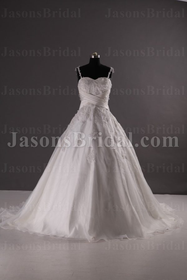 Ball Gown Spaghetti Sweetheart Beaded Appliques Crossed Ruched Belts Sweep Train Organza over Satin Wedding Dresses