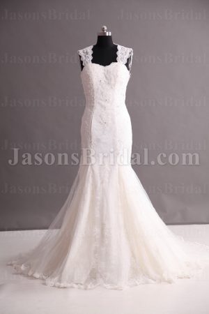 Glamorous Mermaid Cap Sleeves Sweetheart Beaded Open Back Sweep Train Tulle Lace Wedding Dresses