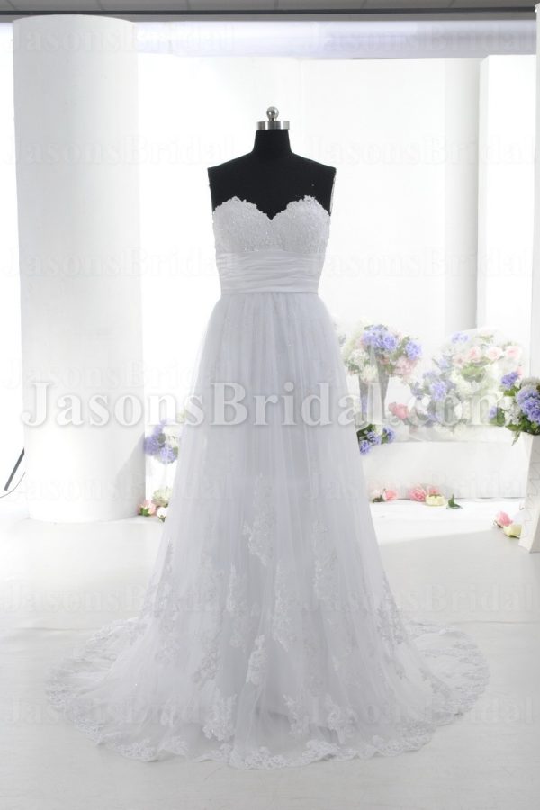 Elegant A-line Scalloped Appliqued Sweetheart Ruched Belt Sweep Train Tulle Lace Wedding Dresses