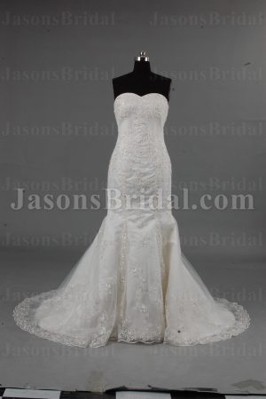 Fit-and-Flare Sweetheart Allover Beaded Embroidered Sweep Train Tulle Lace over Satin Wedding Dresses