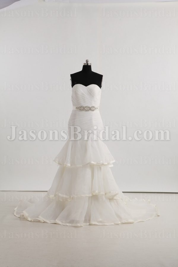 Fit-and-Flare Sweetheart Ruched Asymmetrical Pleated Jeweled Ribbon Layered Sweep Train Tulle Wedding Dresses