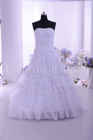 A-line Sweetheart Beaded Appliques Ruched Belts Sweep Train Tiered Organza Lace Wedding Dresses