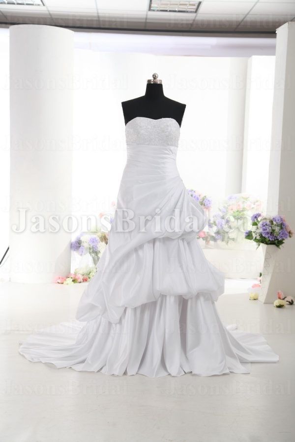 A-line Sweetheart Beaded Appliques Asymmetrical Pleated Bustled Chapel Train Satin Wedding Dresses