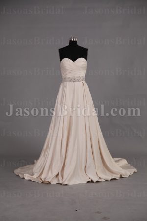 Elegant A-line Sweetheart Jeweled Belt Box Pleated Sweep Train Satin Wedding Dresses