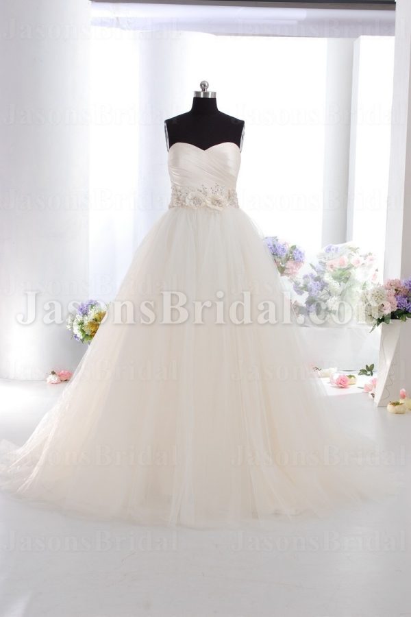 Dramatic Ball Gown Sweetheart Ruched Beaded Adorned Flowers Sweep Train Tulle Wedding Dresses