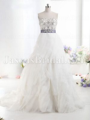 Dramatic Ball Gown Sweetheart Jeweled Embellished Ribbon Sweep Train Spiral Wave Organza Wedding Dresses