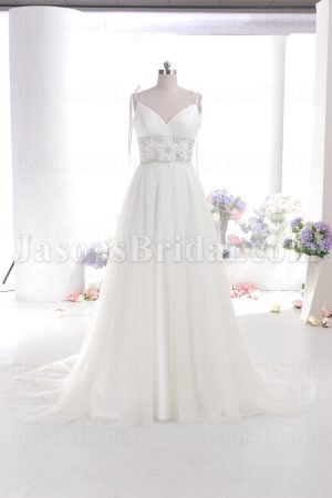 Empire A-line Spaghetti Sweetheart Jeweled Embellished Flowers Sweep Train Tulle Wedding Dresses